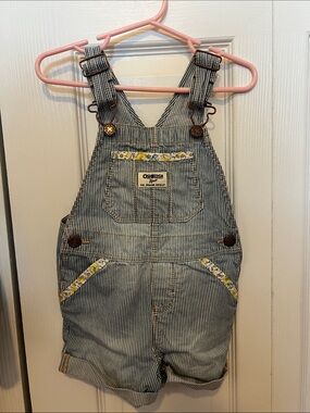 OshKosh B'gosh Blue and White Pinstripe Short Overalls with Yellow Floral Trim